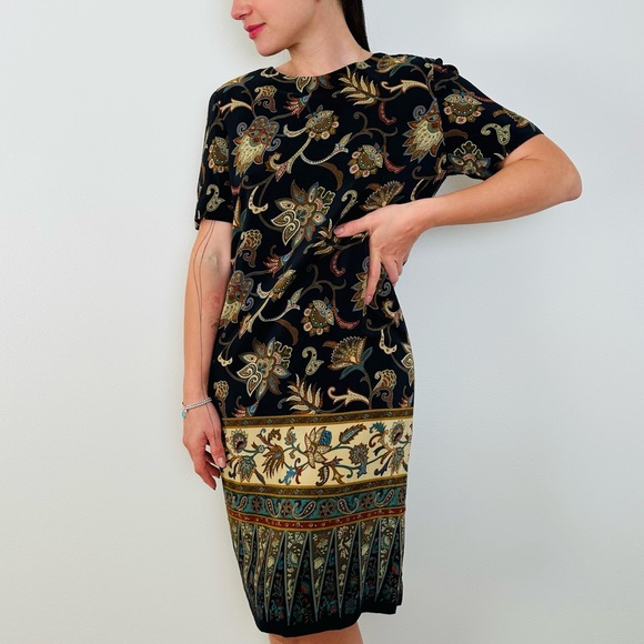 Vintage Dresses & Skirts - Vintage Liz Claiborne Mini Dress 100% Silk Floral Paisley Printed Brown